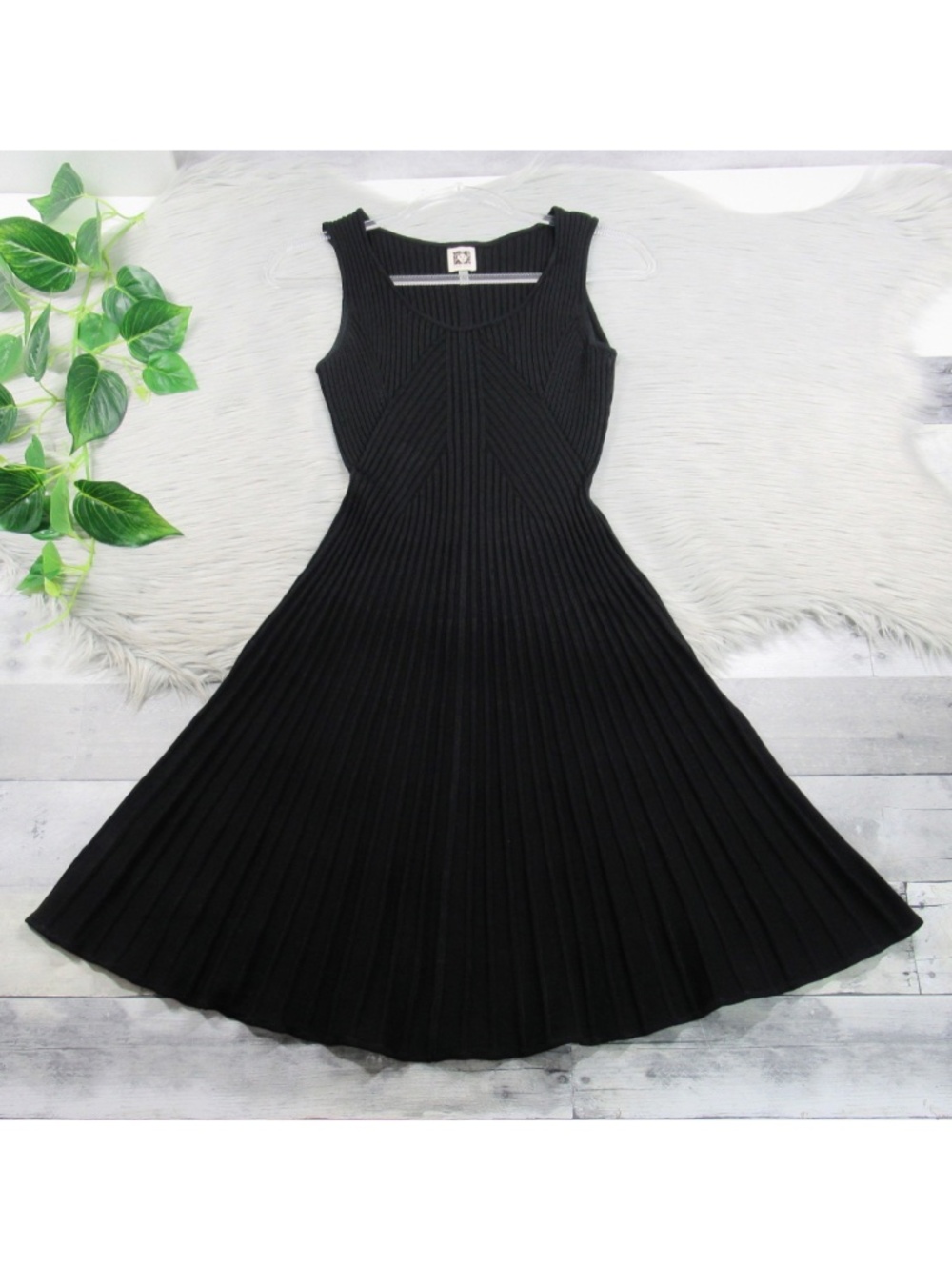 ANNE KLEIN Black Sleeveless Ribbed Fit & Flare Knit Dress Women's Size Small